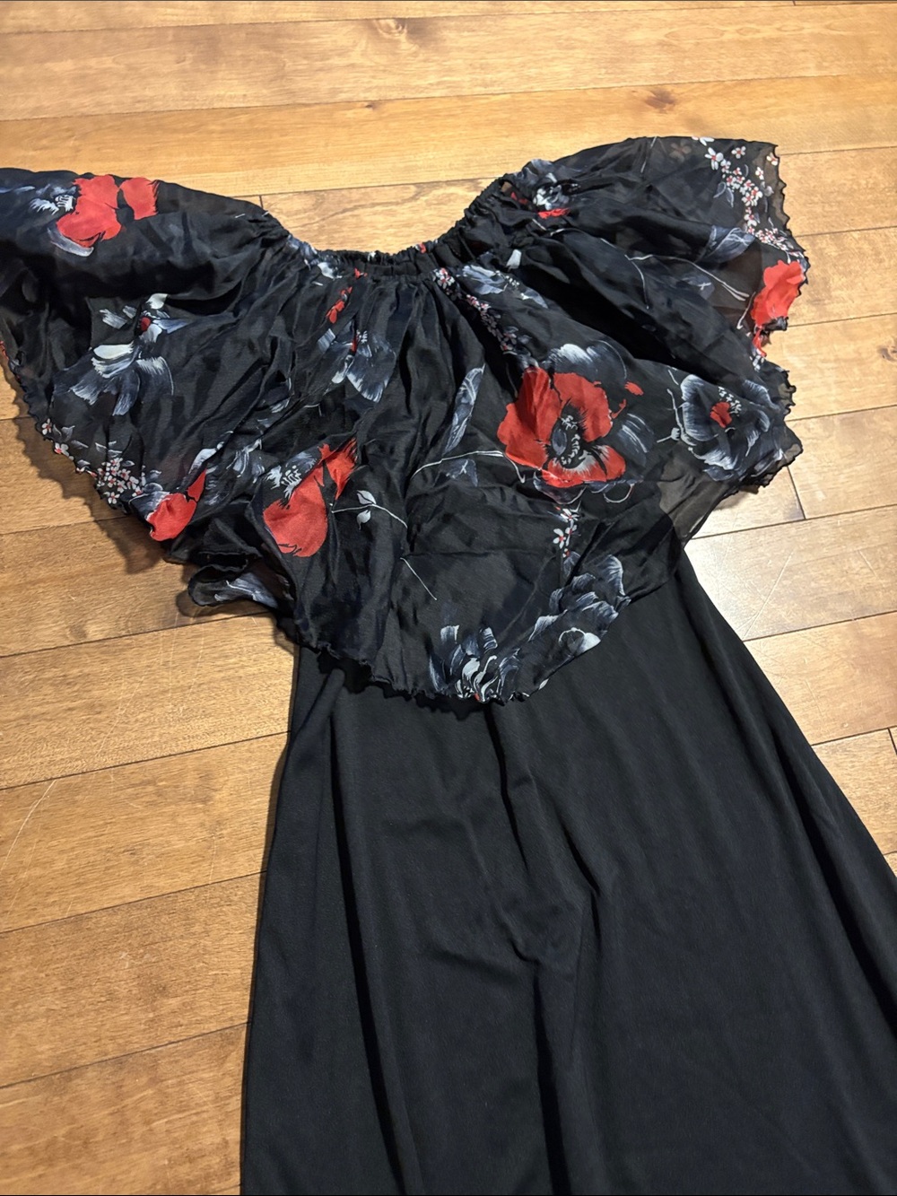 Black Maxi Dress with off the shoulder Floral Ruffle Neckline - Picture 3 of 6